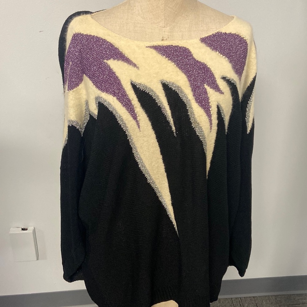 Jon Lawrence Vintage Sweater Black Purple Knit Scoop Neck Small